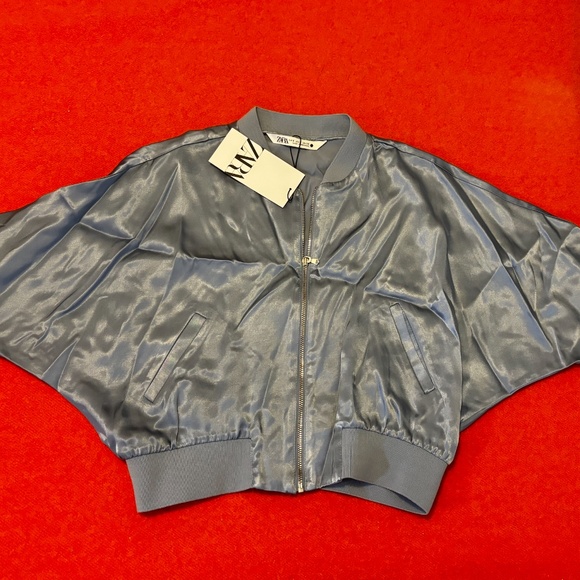 Zara light blue retro satin viscose crop bomber jacket NWT - Picture 4 of 10